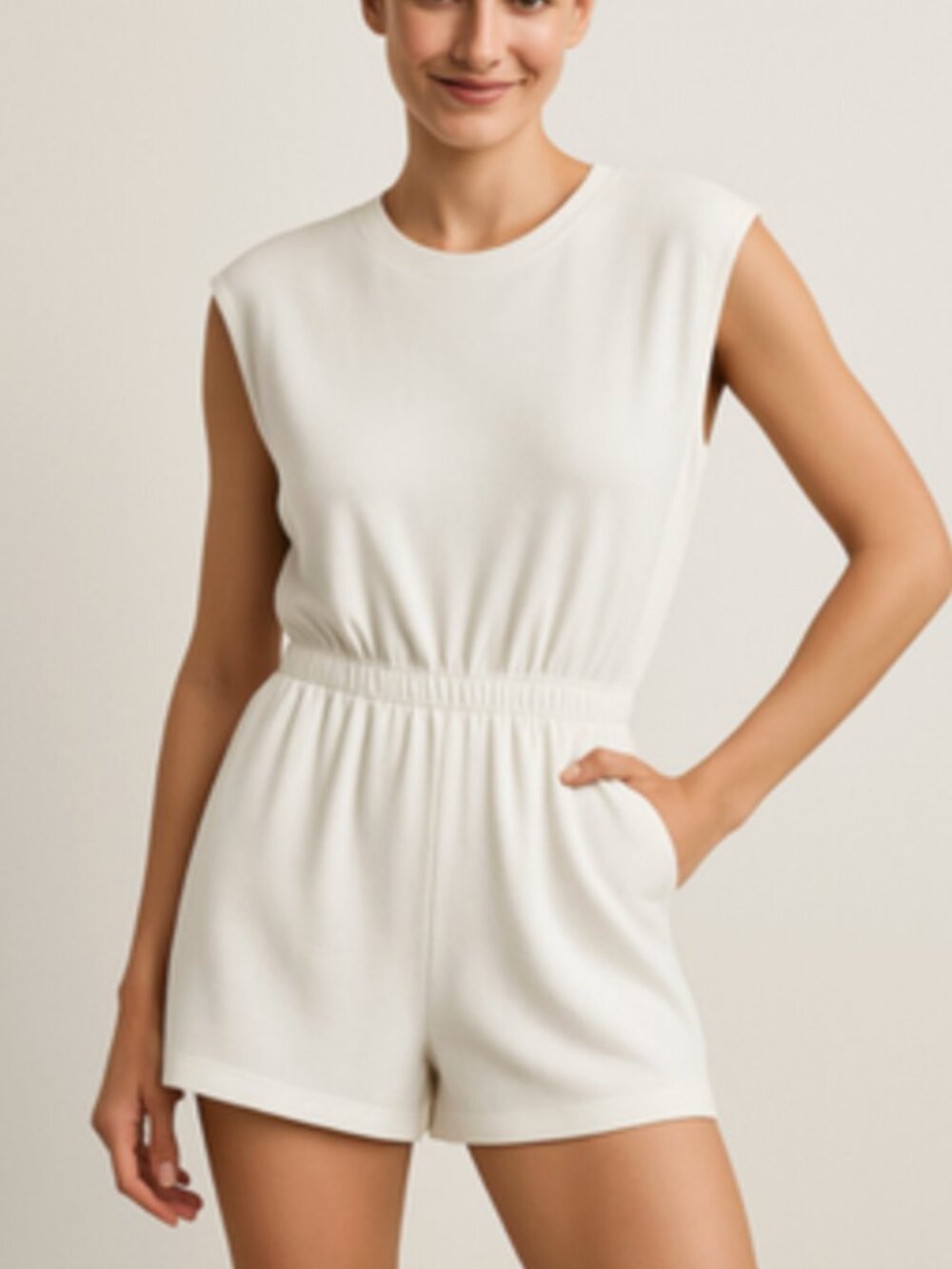 ZARA White Knit Romper Sleeveless Elastic Waist Casual Minimalist Size M
